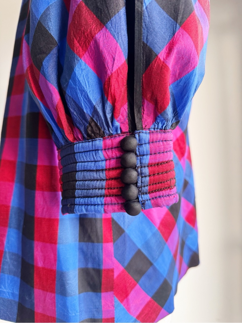 Vintage 100% Thai Silk Plaid Blouse | Jewel Tone Puff Sleeve Button Front | 12 - Picture 7 of 10